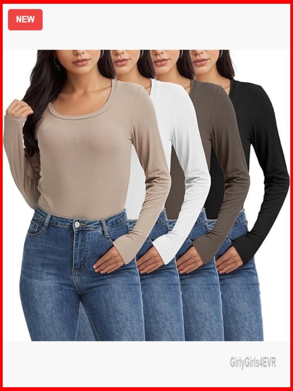 4 Pack Women Long Sleeve Ribbed Scoop Neck Slim Fitted Tops Casual Underscrub